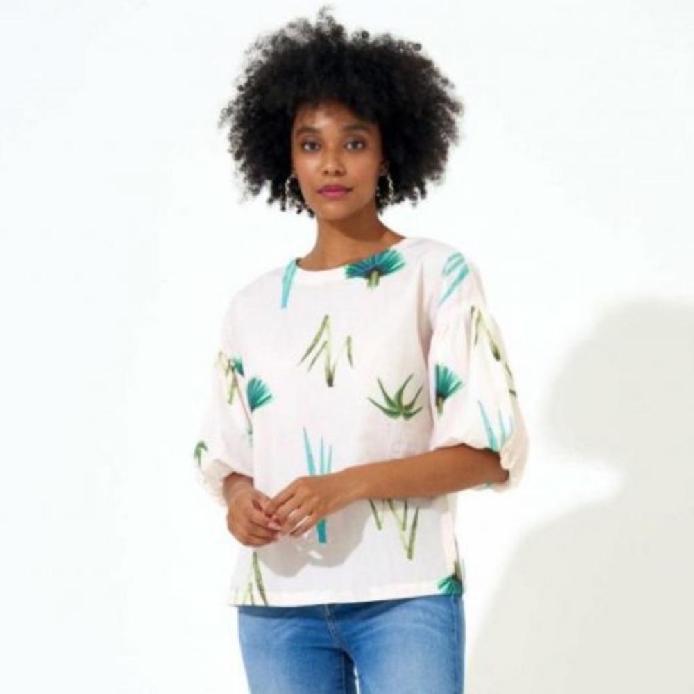 Oliphant Cotton Poplin Round Neck Short Puff Sleeve Blouse in Frond Green Sz S